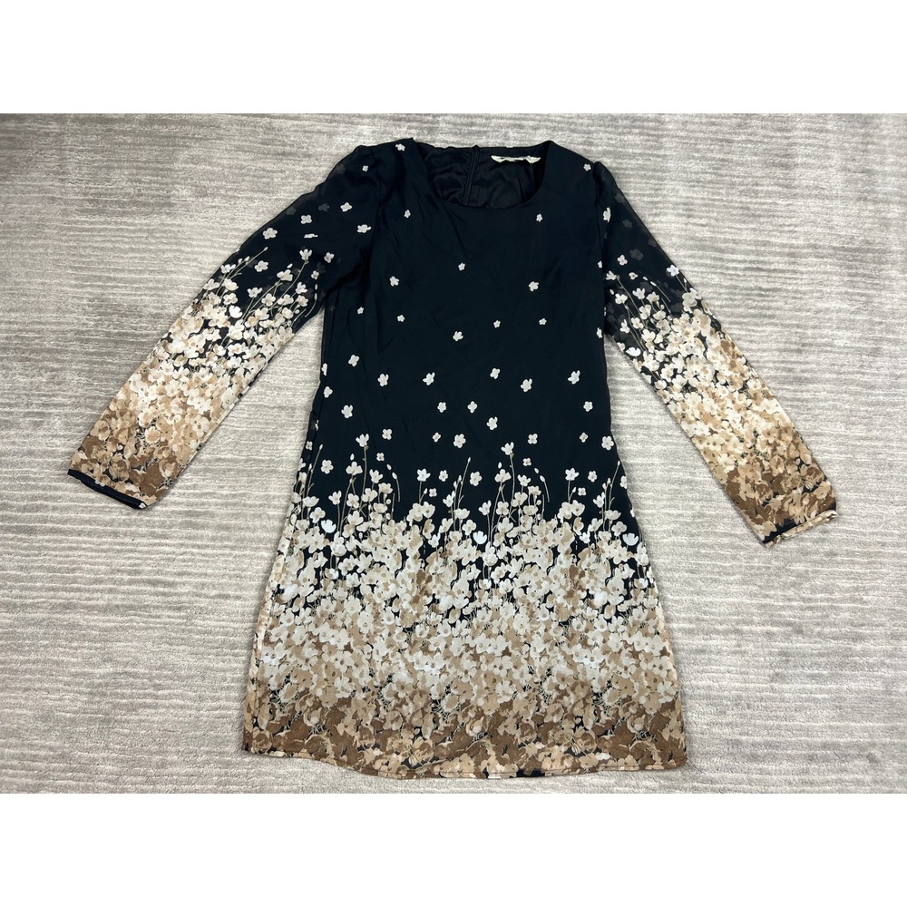 Yumi Dress Womens S Black Floral Border Print Chiffon Long Sleeve Mini Shift
